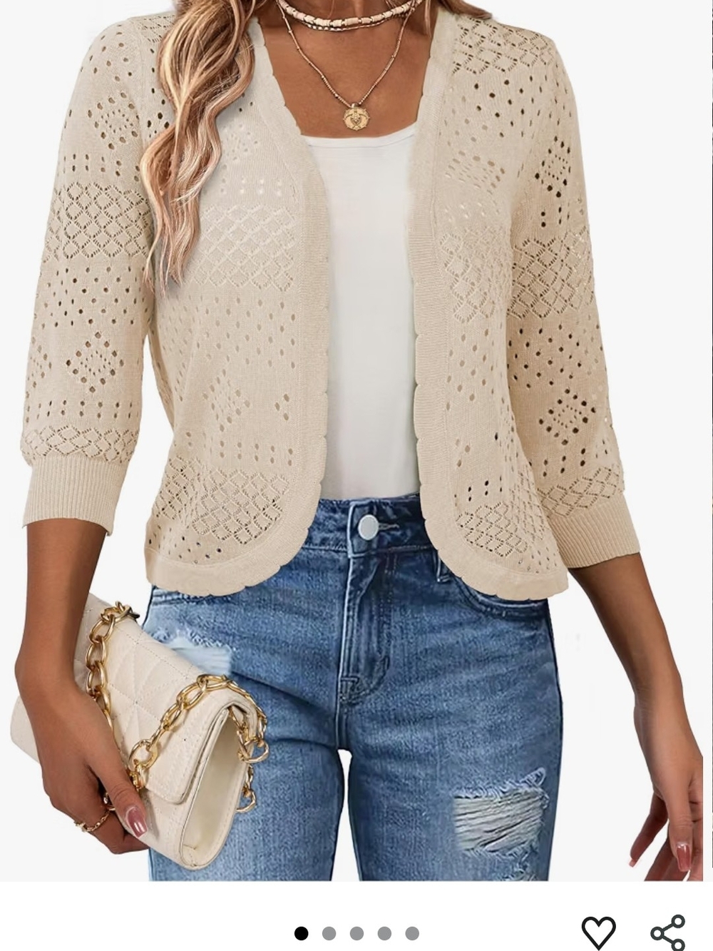 Light Cream Open-Front Eyelet Knit Cardigan